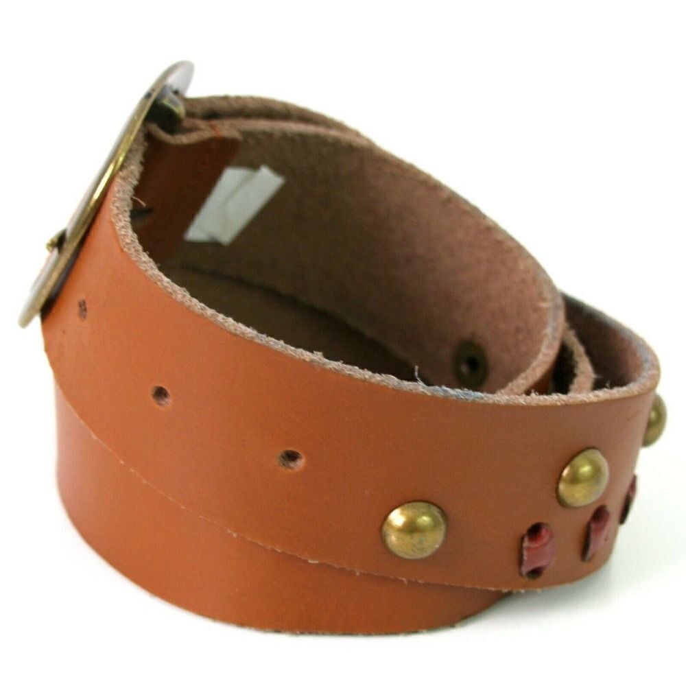 PERFORATED BROWN GENUINE LEATHER 1.5"W STUDDED CASUAL WOMEN'S BELT L 36" (G16 - Picture 2 of 9